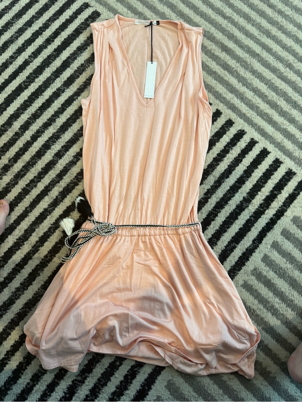 Sleeveless V-Neck Mini Dress in Light Peach with Tassel Belt